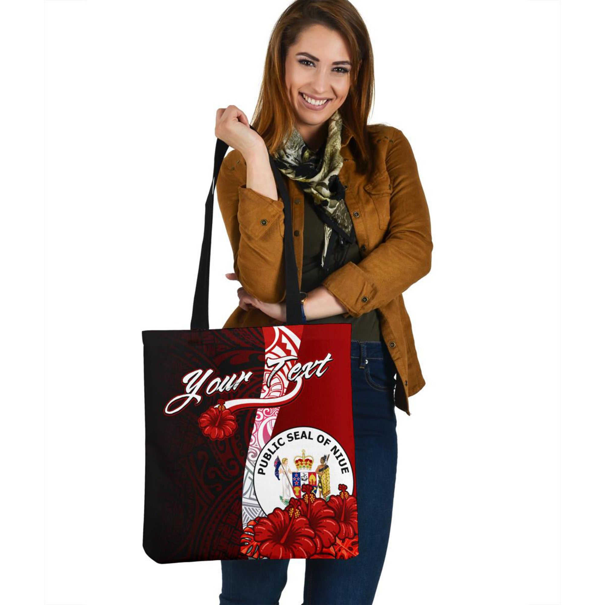 Niue Polynesian Custom Personalised Tote Bag - Coat Of Arm With Hibiscus Tote Bag One Size Red - Polynesian Pride