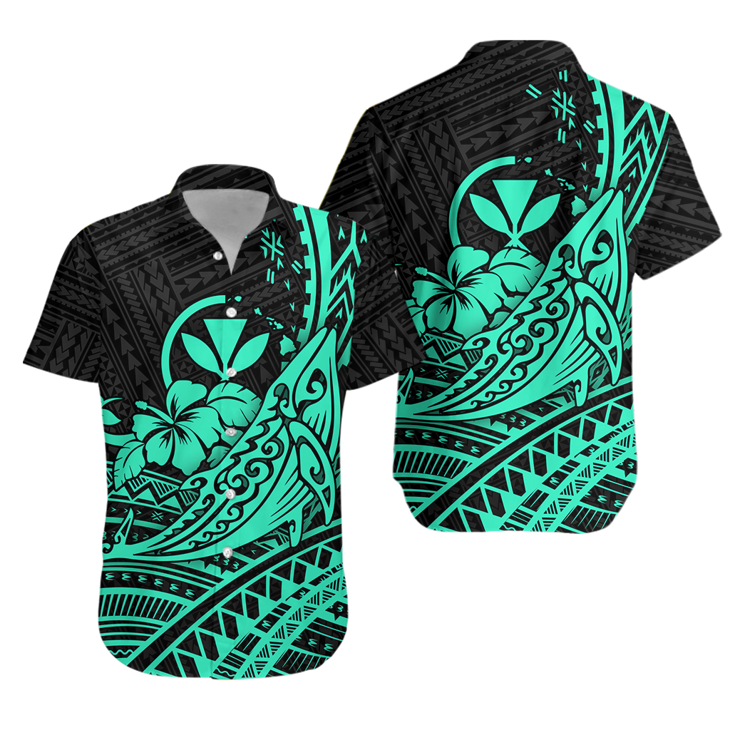 Hawaii Humpback Whale With Hibiscus Tribal Turquoise Hawaiian Shirt - LT12 Unisex Blue - Polynesian Pride