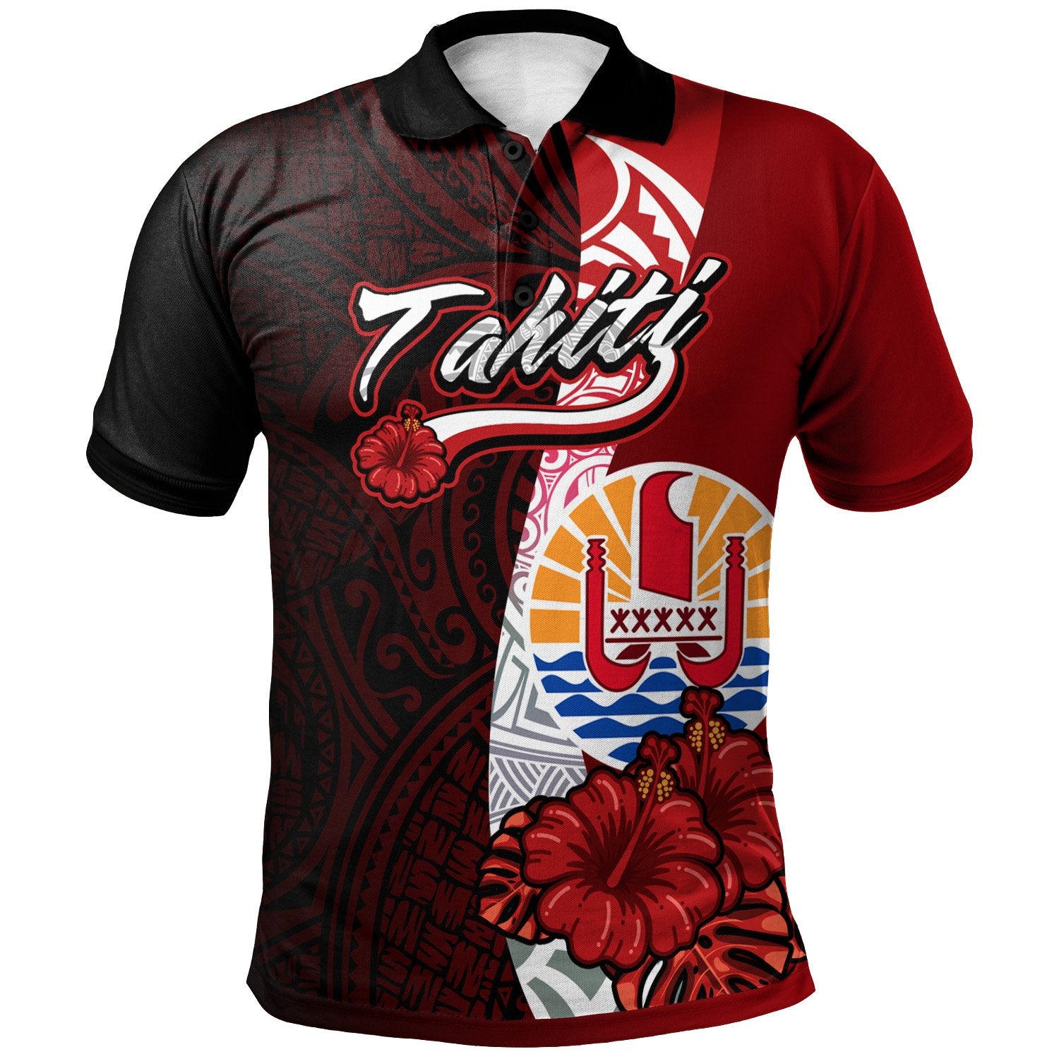 Tahiti Polynesian Polo Shirt Coat Of Arm With Hibiscus Unisex Red - Polynesian Pride