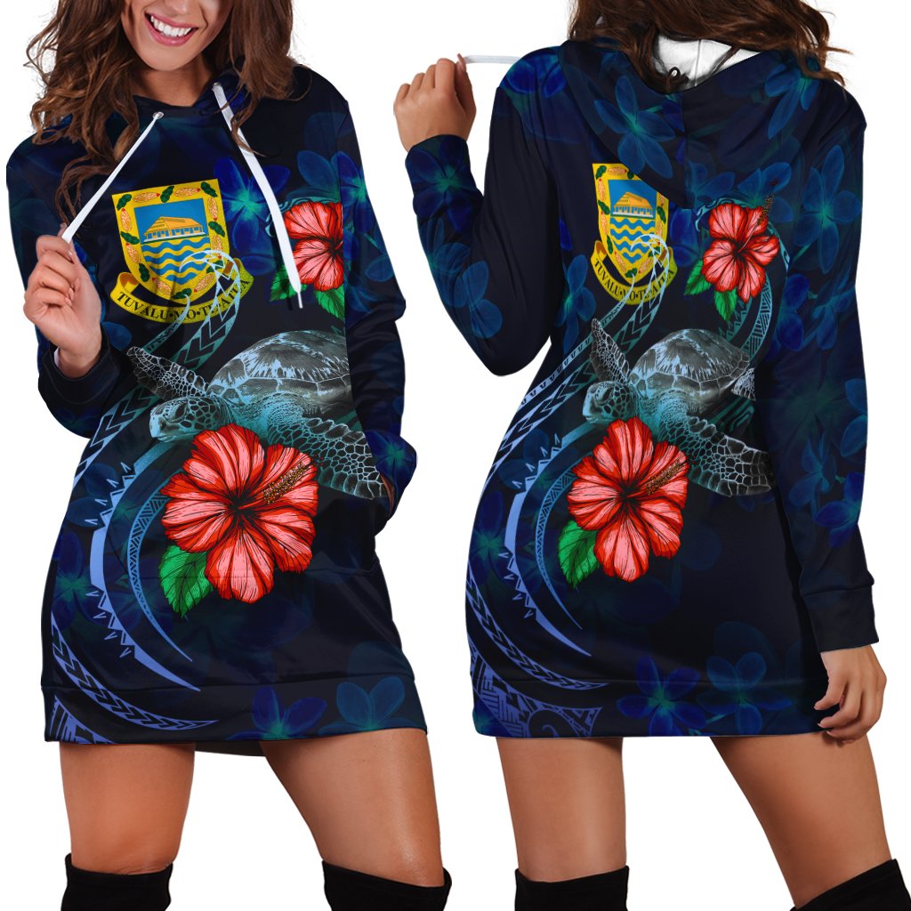 Tuvalu Polynesian Hoodie Dress - Blue Turtle Hibiscus Blue - Polynesian Pride