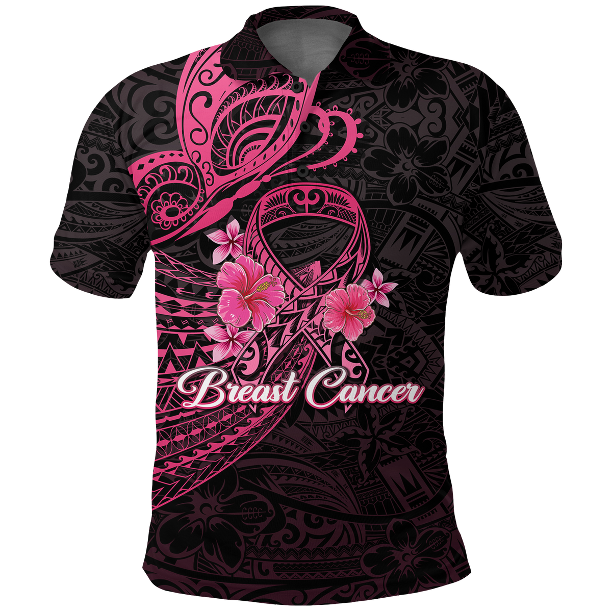 Custom Breast Cancer Pink Ribbon Butterfly Polynesian Black Version Polo Shirt LT12 Unisex Black - Polynesian Pride