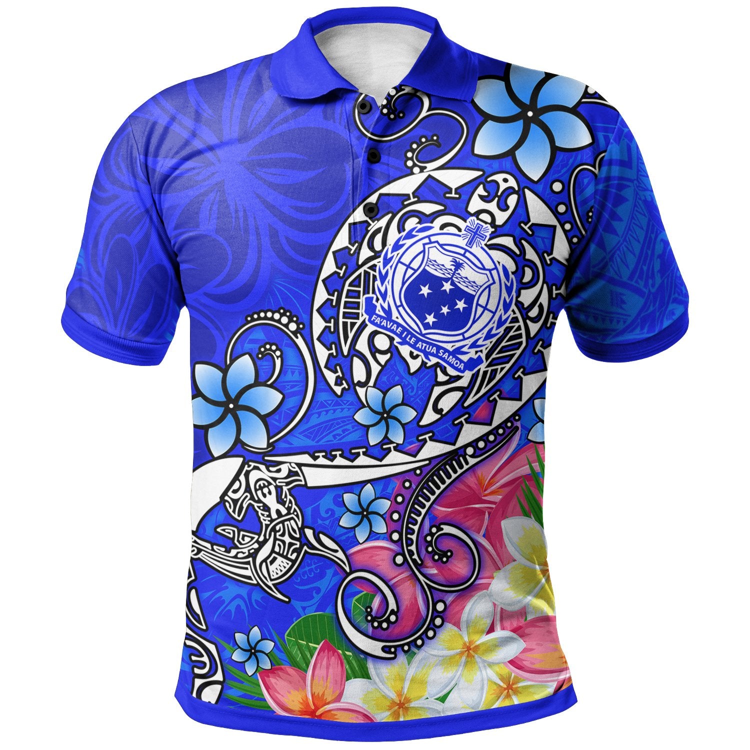 Samoa Polo Shirs Turtle Plumeria (Blue) Unisex Blue - Polynesian Pride