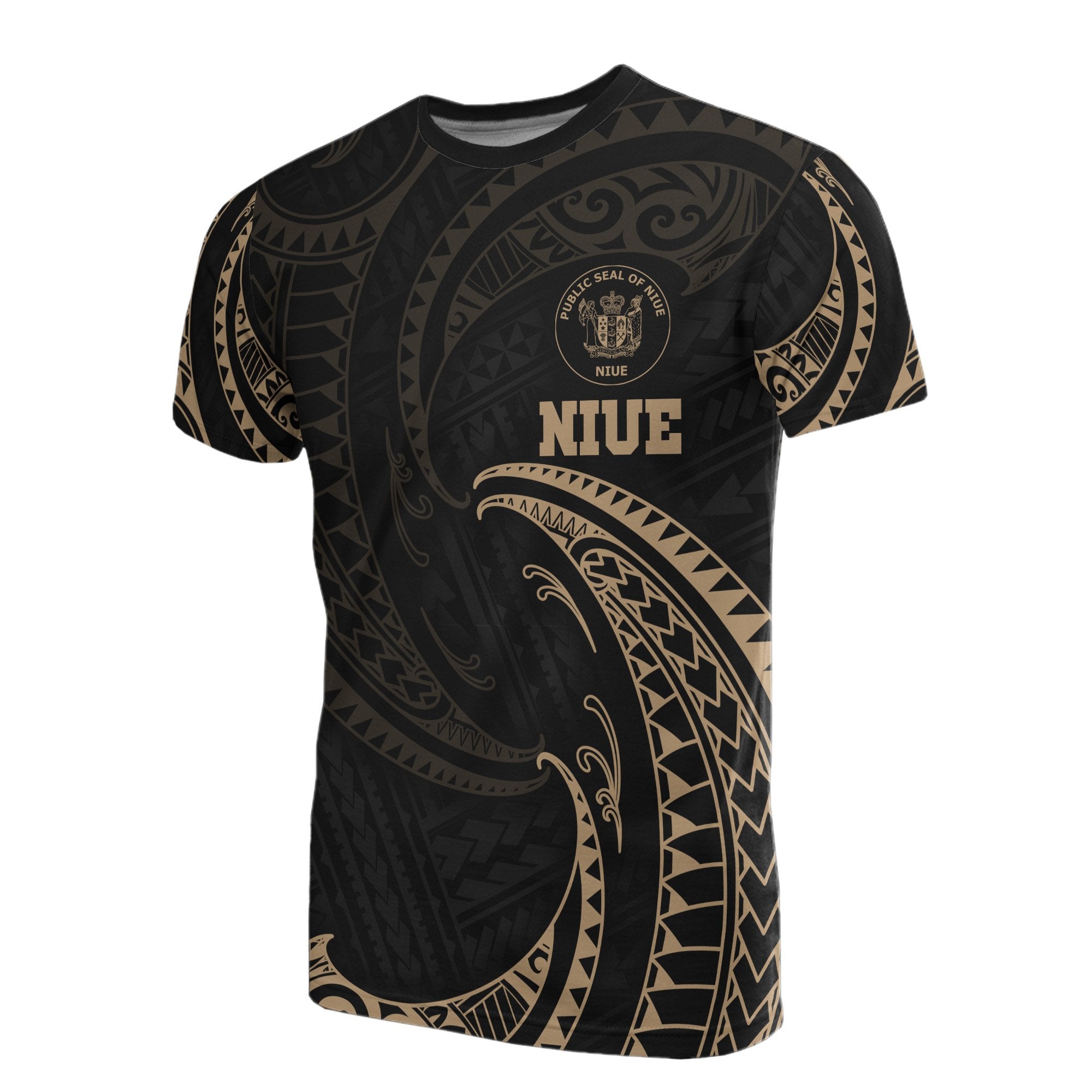 Niue Polynesian T Shirt Gold Tribal Wave Unisex Black - Polynesian Pride