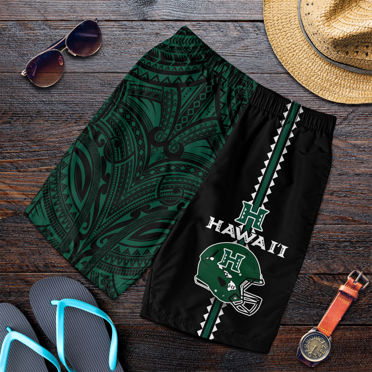 Hawaii Kakau Warrior Football Men Short - LT12 Green - Polynesian Pride