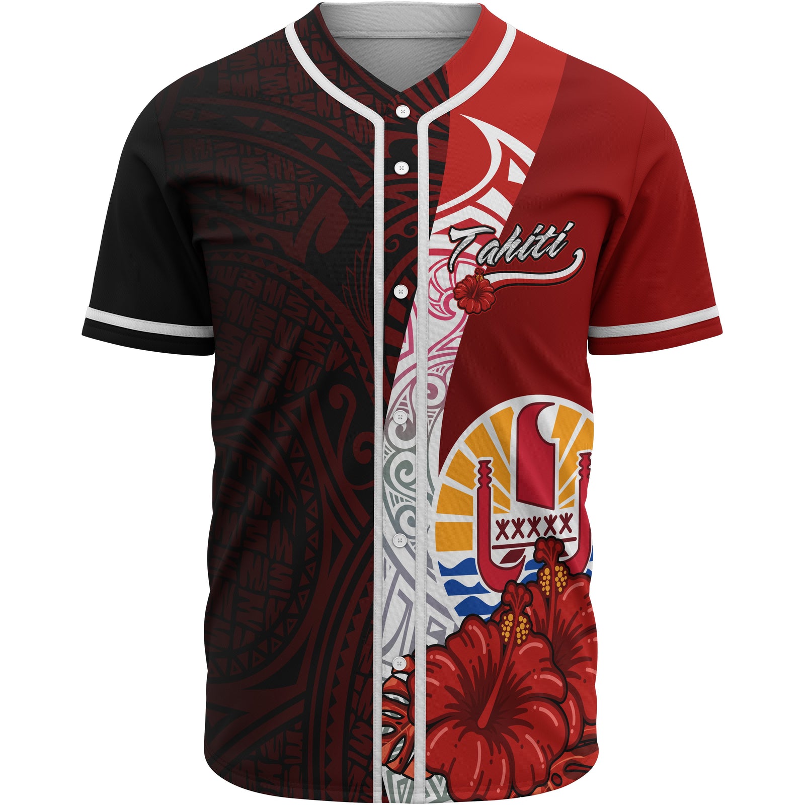 Tahiti Polynesian Baseball Shirt - Coat Of Arm With Hibiscus Unisex Red - Polynesian Pride