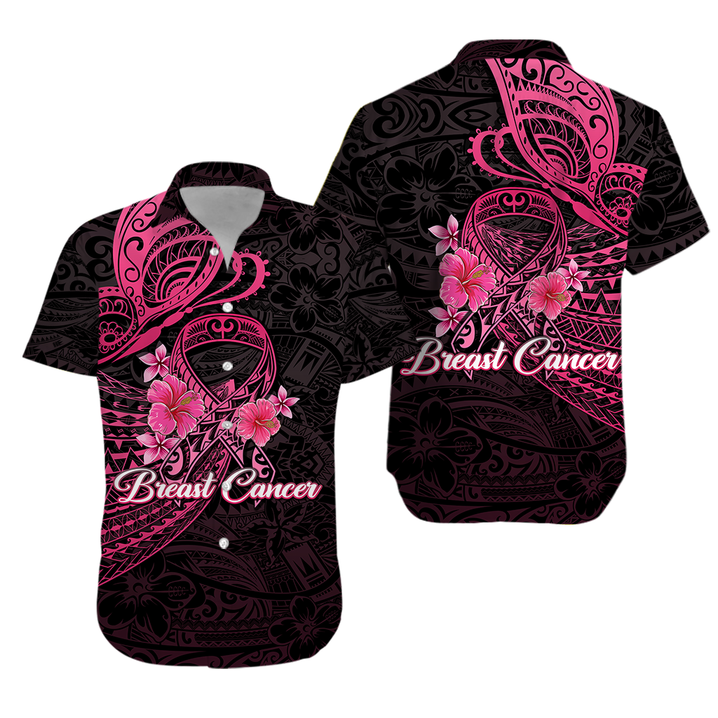 Breast Cancer Pink Ribbon Butterfly Polynesian Black Version Hawaiian Shirt - LT12 Unisex Black - Polynesian Pride