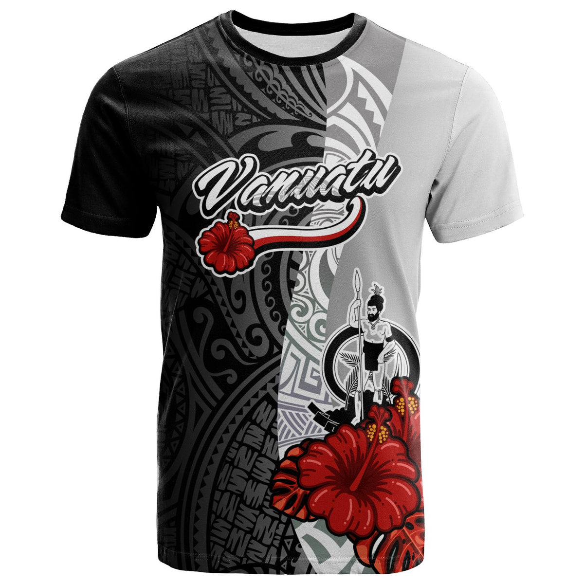 Vanuatu Polynesian T Shirt Coat of Arms With Hibiscus White Unisex Art - Polynesian Pride