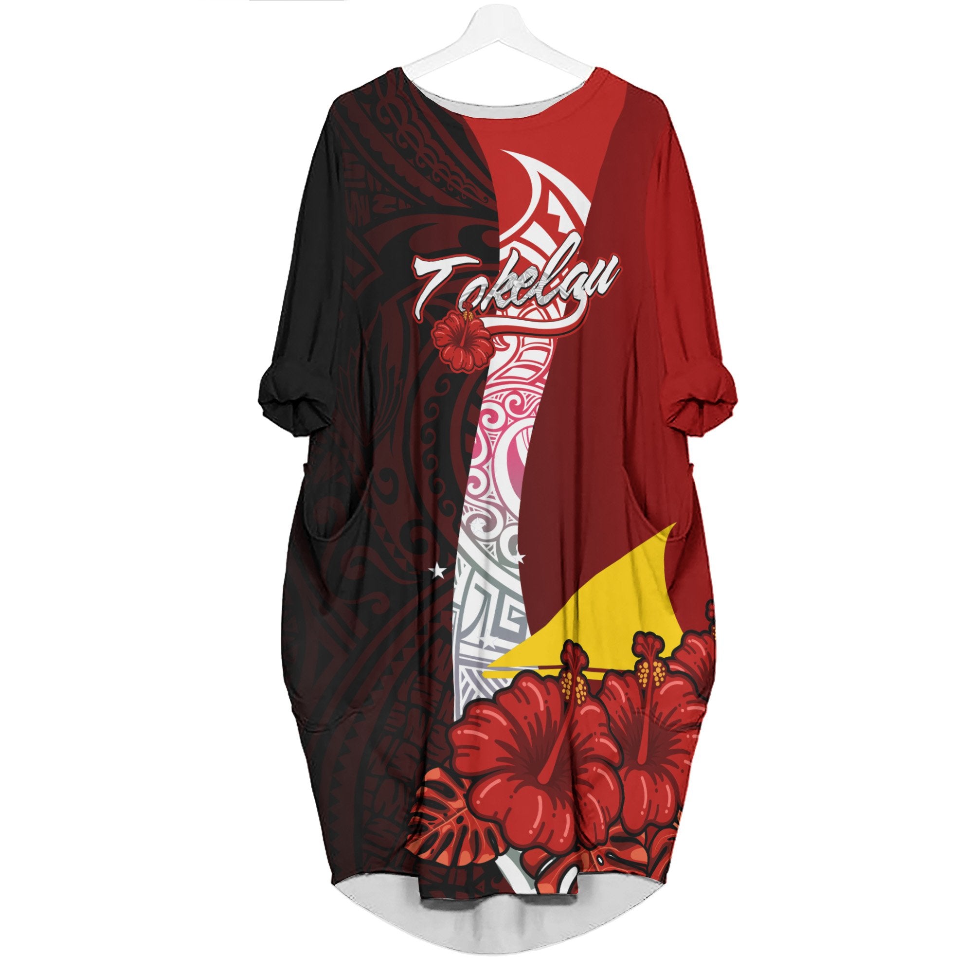 Tokelau Polynesian Batwing Pocket Dress - Hibiscus With Coat Of Arm Women Black - Polynesian Pride