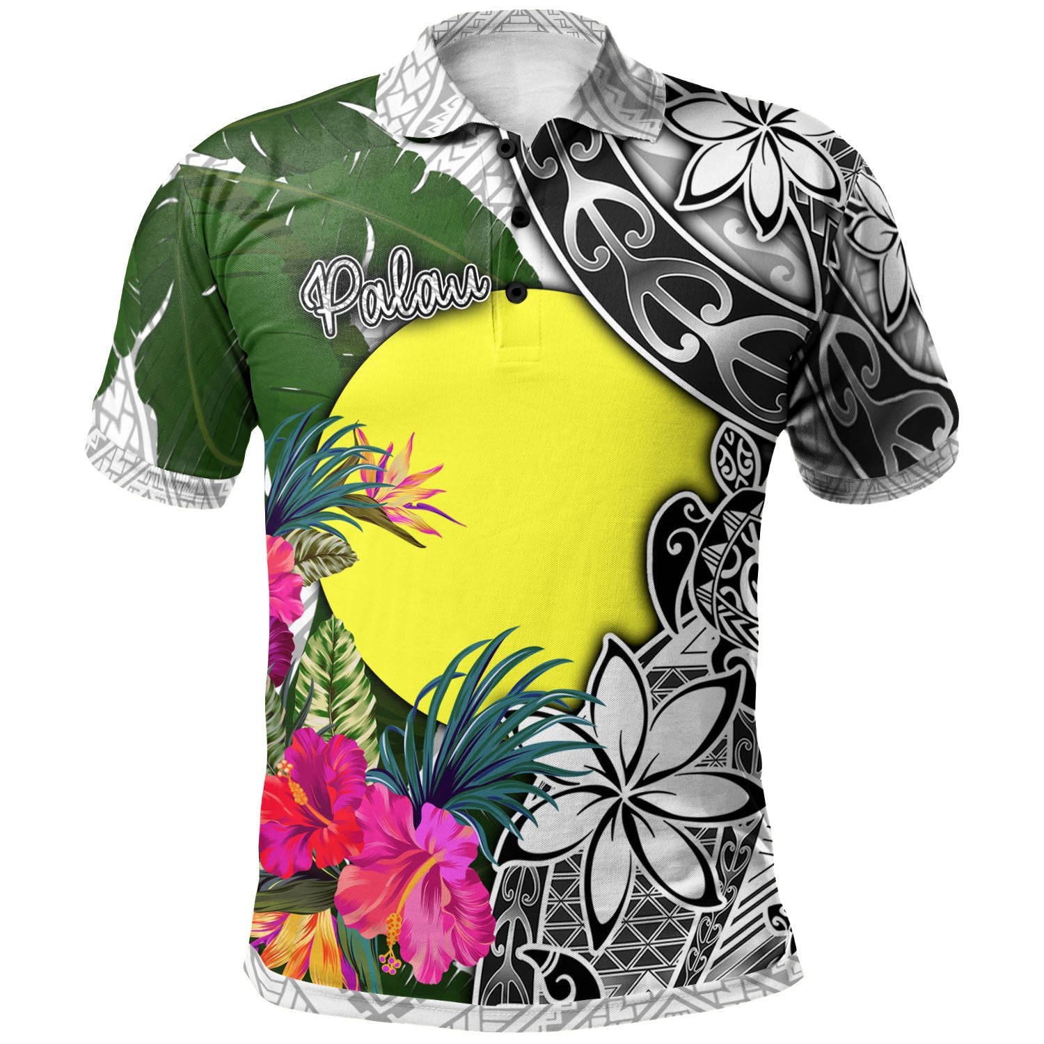 Palau Polo Shirt White Turtle Plumeria Banana Leaf Unisex White - Polynesian Pride