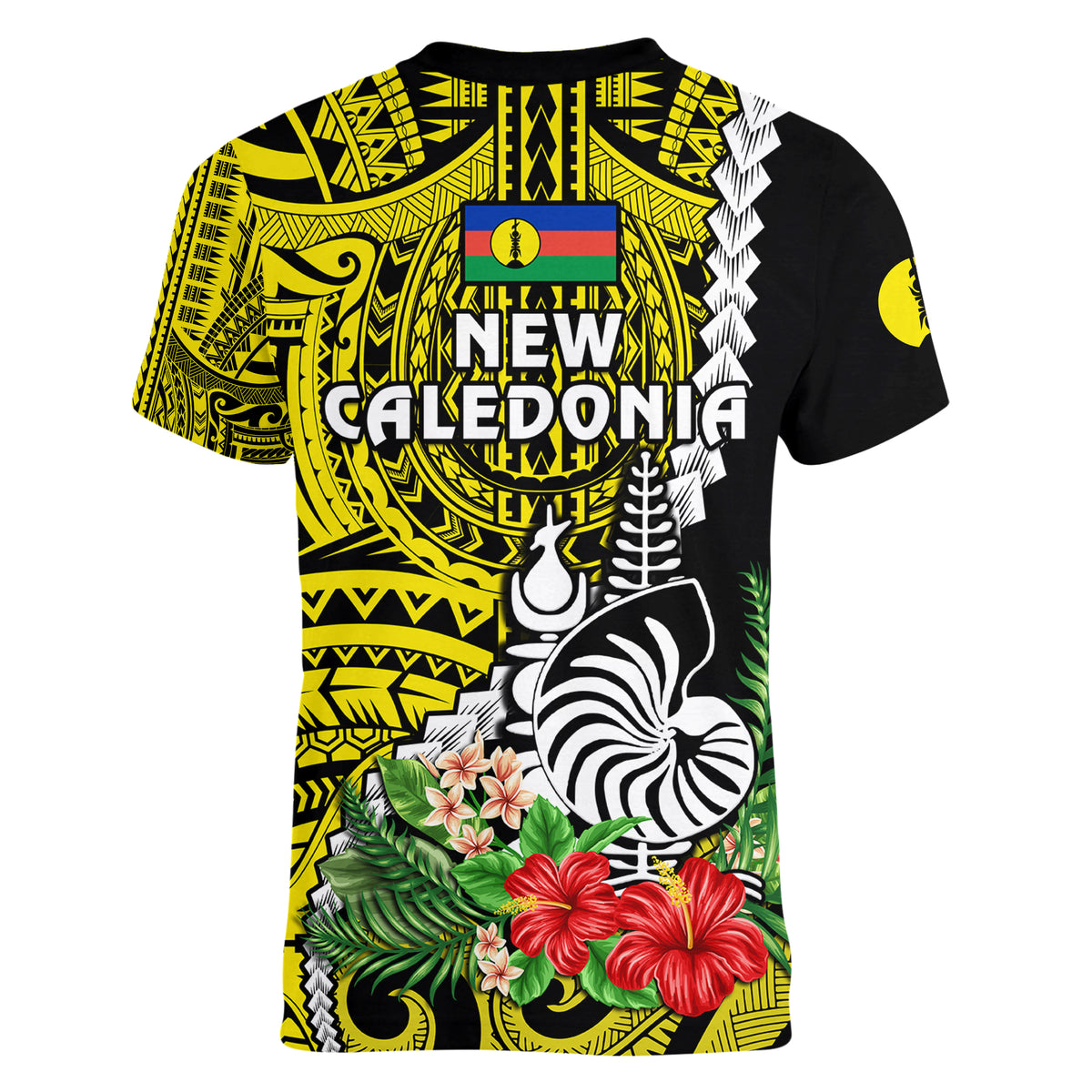 New Caledonia Polynesian Coat Of Arms Mix Tropical Flowers Women V Neck T Shirt LT14 - Polynesian Pride