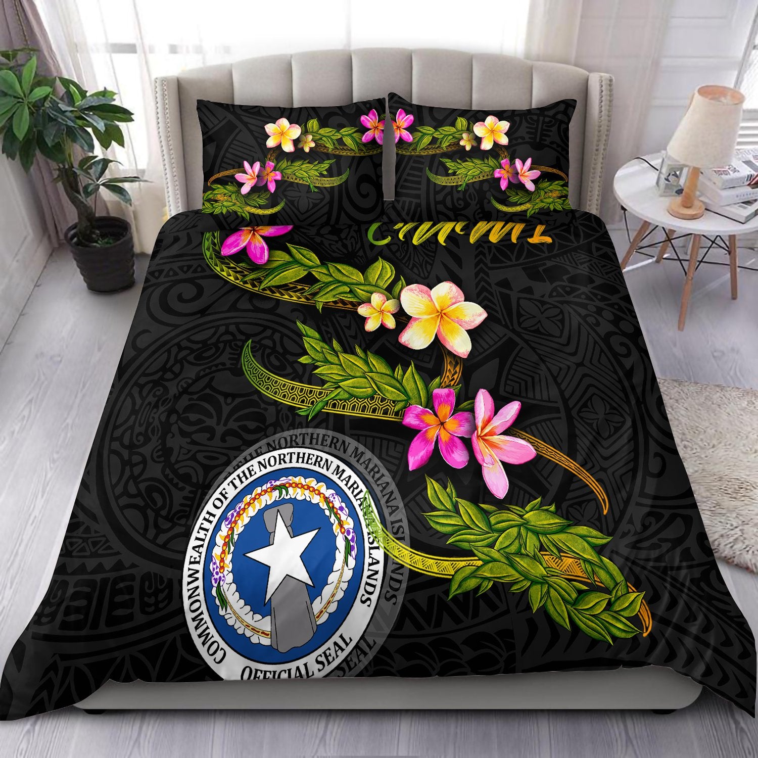 Northern Mariana Islands Polynesian Bedding Set - Plumeria Tribal Black - Polynesian Pride