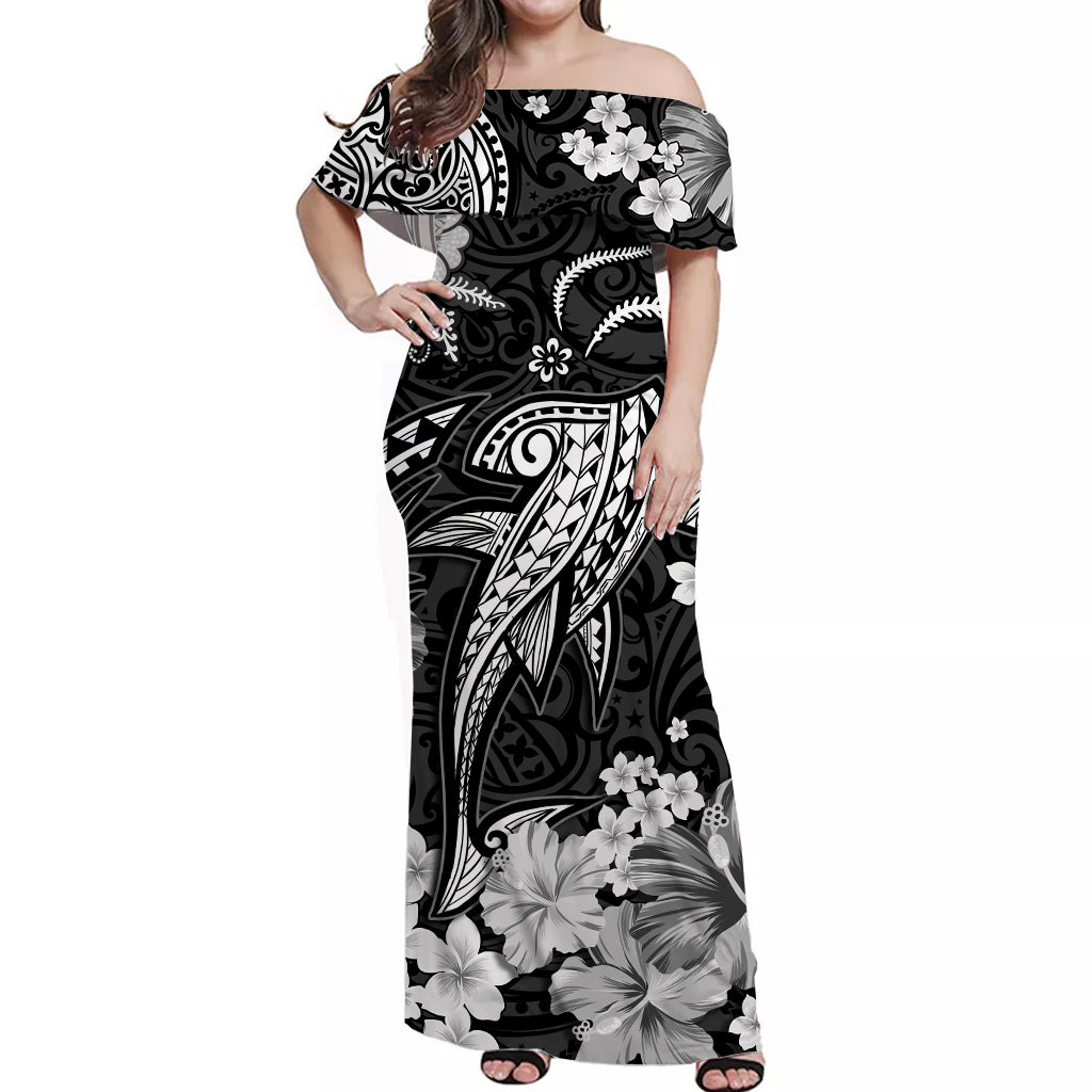 Hawaii Off Shoulder Long Dress Polynesia White Shark LT13 Women White - Polynesian Pride