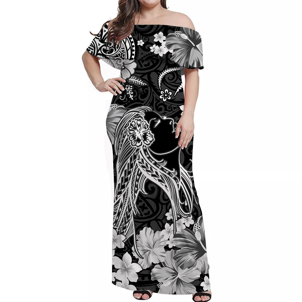 Hawaii Off Shoulder Long Dress Polynesia Black Beautiful Hula Girl LT13 Women Black - Polynesian Pride