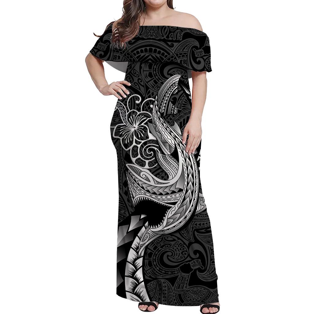 Polynesian Shark Tattoo Hawaii Tribal Off Shoulder Long Dress - LT12 Long Dress Black - Polynesian Pride