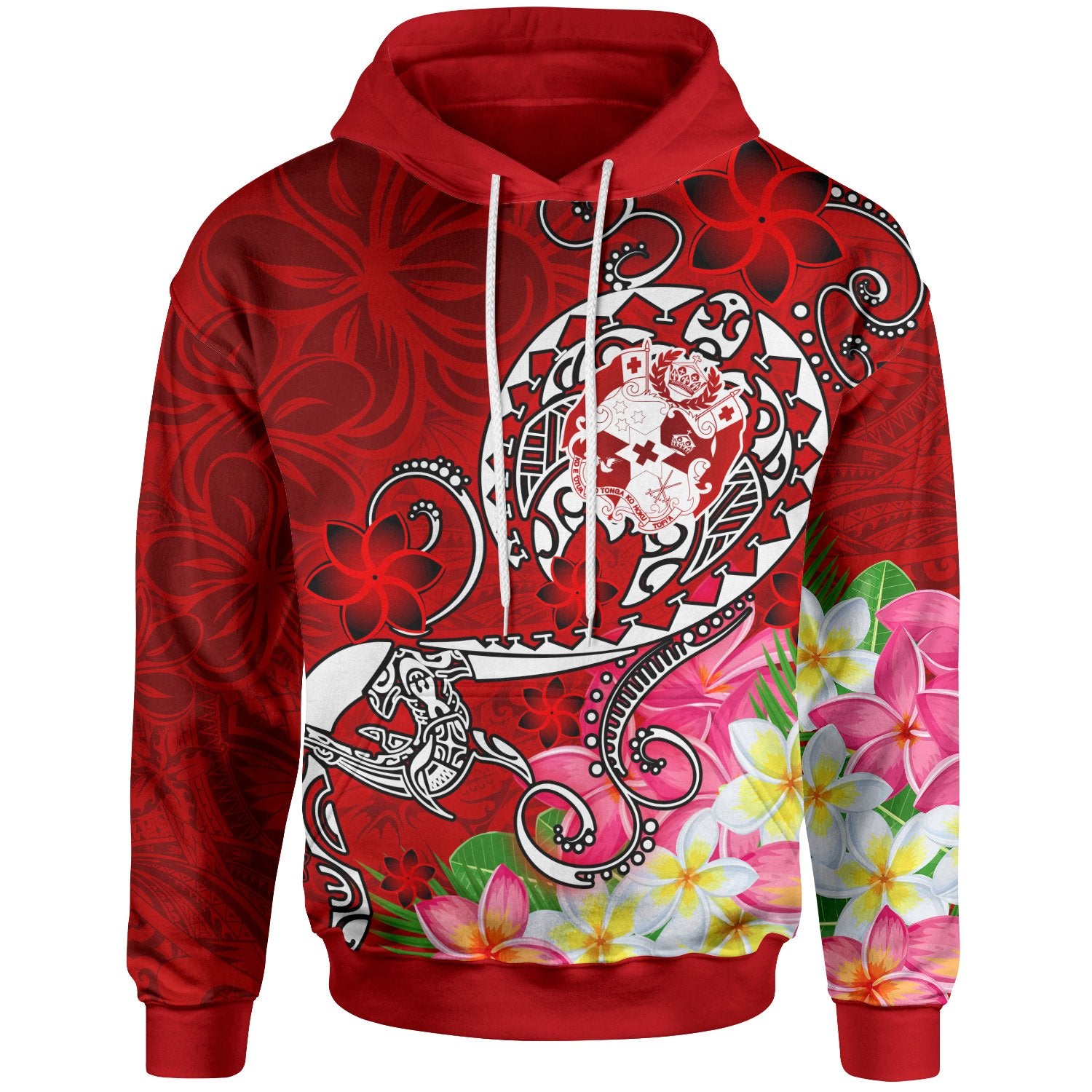 Tonga Hoodie Turtle Plumeria (RED) Unisex Red - Polynesian Pride