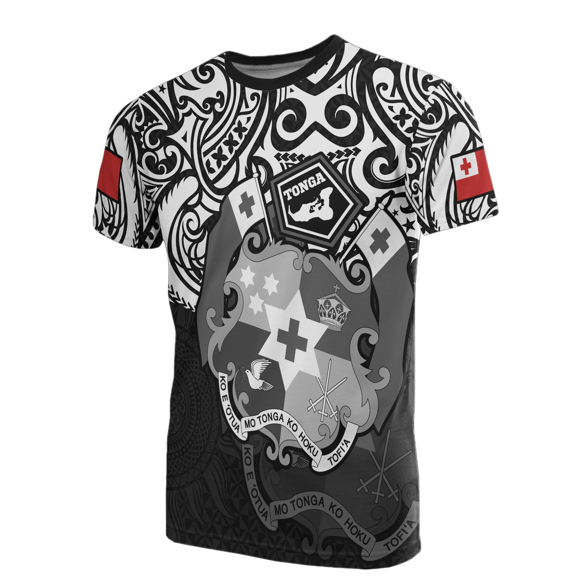 Tonga Pride T Shirt Tongan Flag Coat of Arms Polynesian Tattoo (White Black) Unisex WHITE - Polynesian Pride