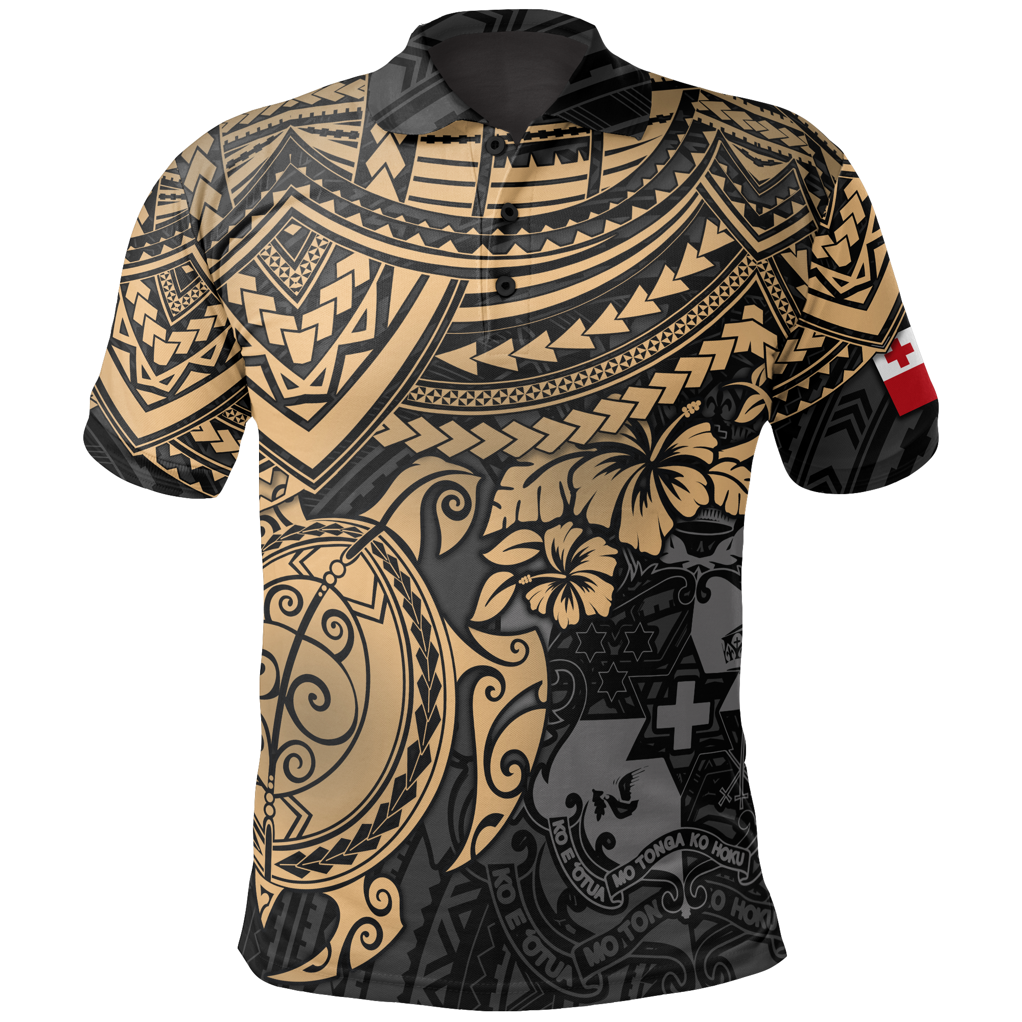 Tonga Polo Shirt Tongan Flag Coat Coat Of Arms Golden Turtle Hibiscus Unisex BLACK - Polynesian Pride