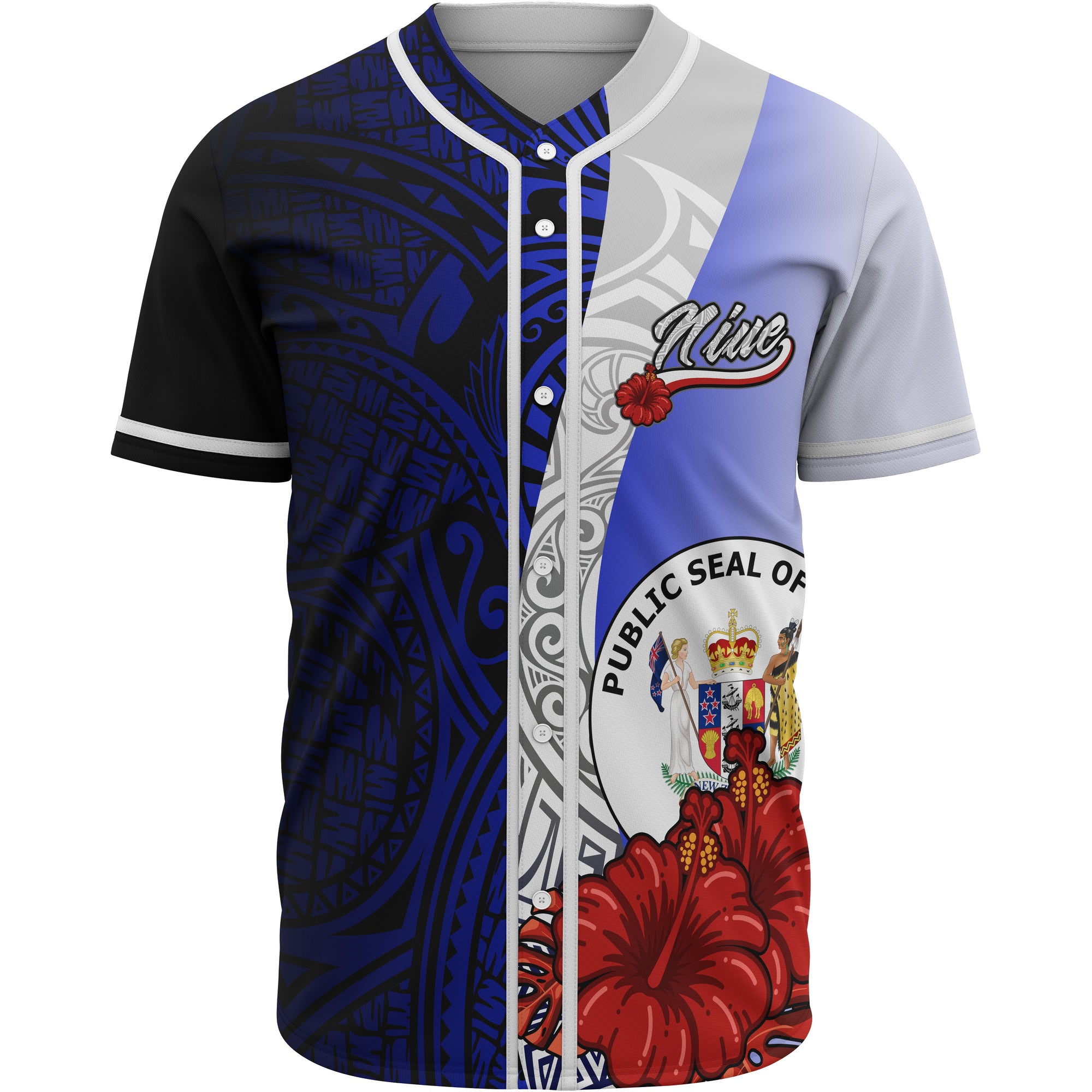 Niue Polynesian Baseball Shirt - Coat Of Arm With Hibiscus Blue Unisex Blue - Polynesian Pride