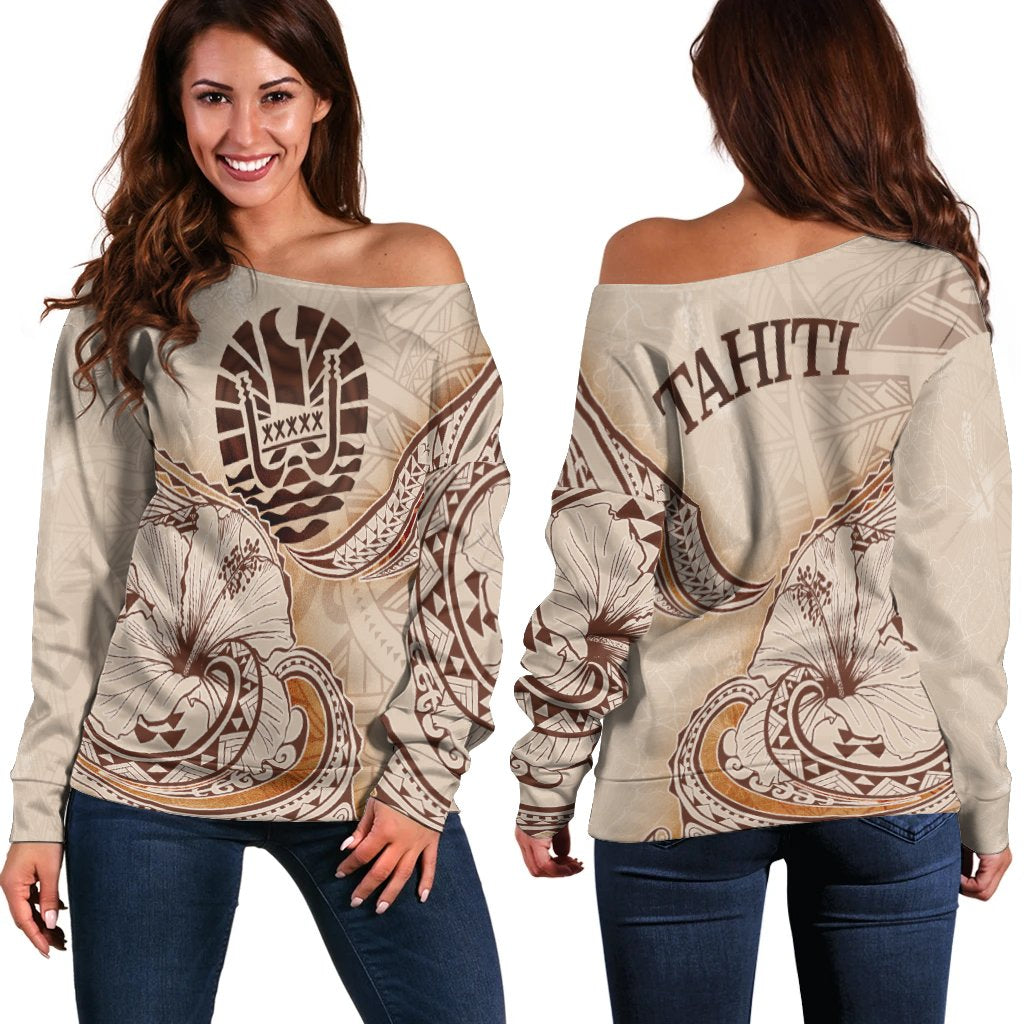 Tahiti Women&#39;s Off Shoulder Sweater - Hibiscus Flowers Vintage Style Nude - Polynesian Pride