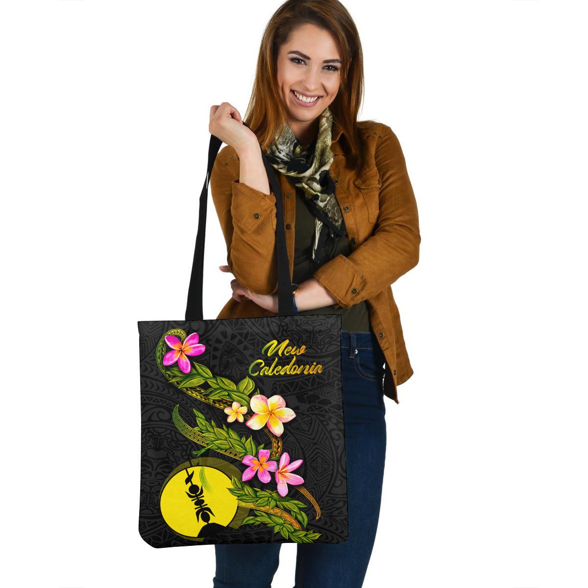 New Caledonia Polynesian Tote Bag - Plumeria Tribal Tote Bag One Size Black - Polynesian Pride