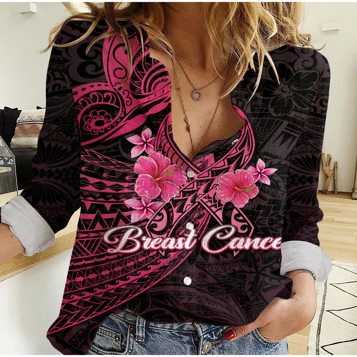 (Custom Personalised) Breast Cancer Pink Ribbon Butterfly Polynesian Black Version Women Casual Shirt - LT12 - Polynesian Pride
