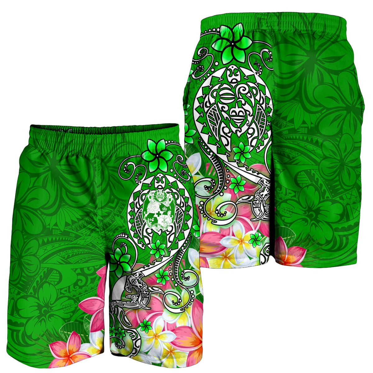 Tonga Men's Shorts - Turtle Plumeria (GREEN) - Polynesian Pride