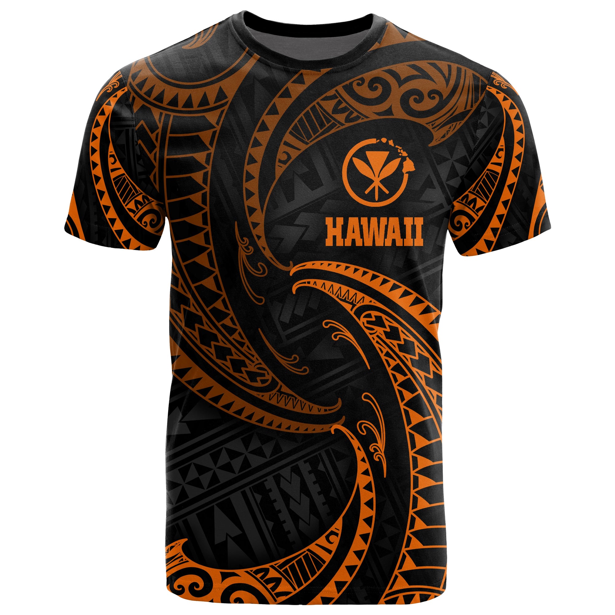 Hawaii Polynesian All Over T Shirt Orange Tribal Wave Unisex Orange - Polynesian Pride