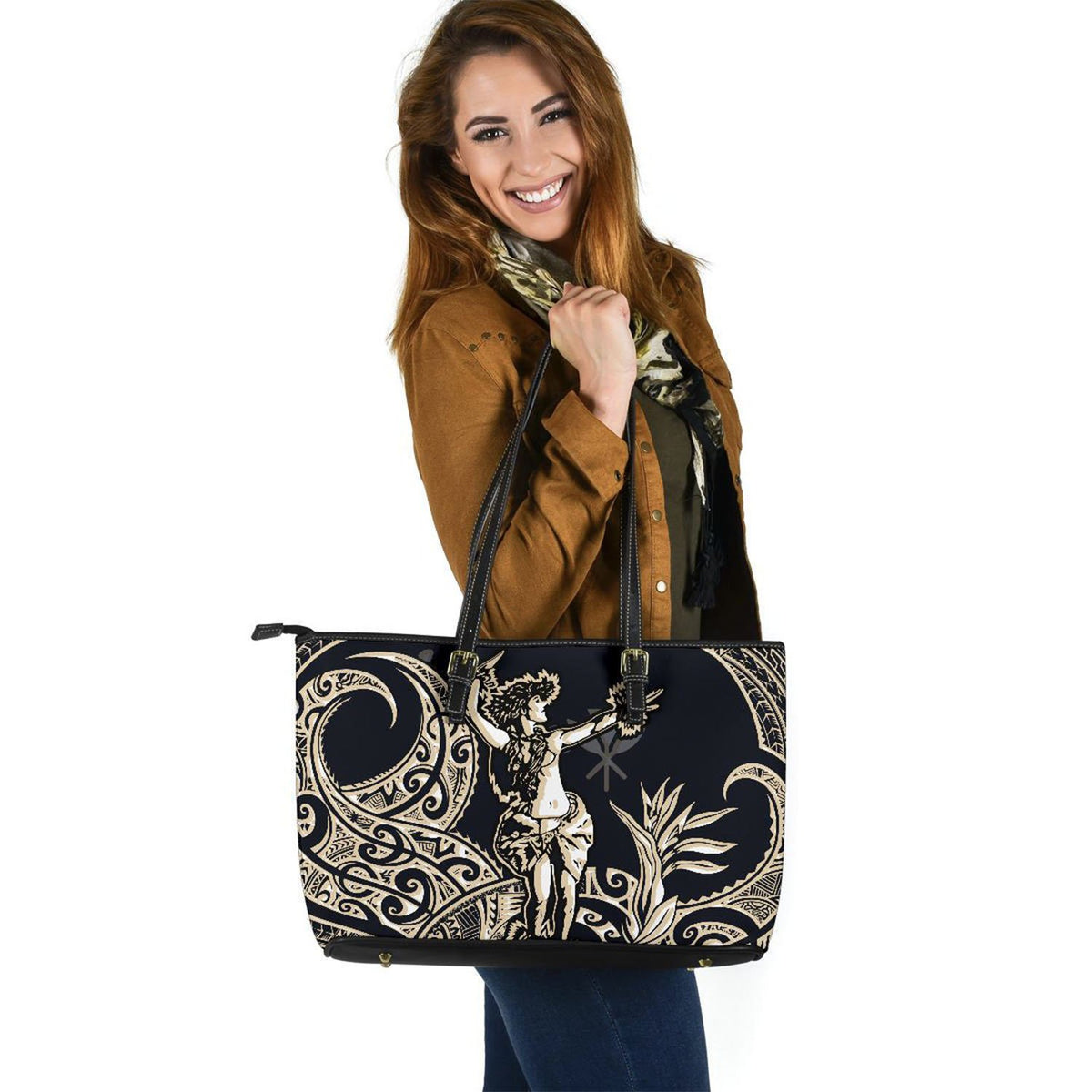 Polynesian Hawaii Leather Tote Bag - Hula Girl White - Polynesian Pride