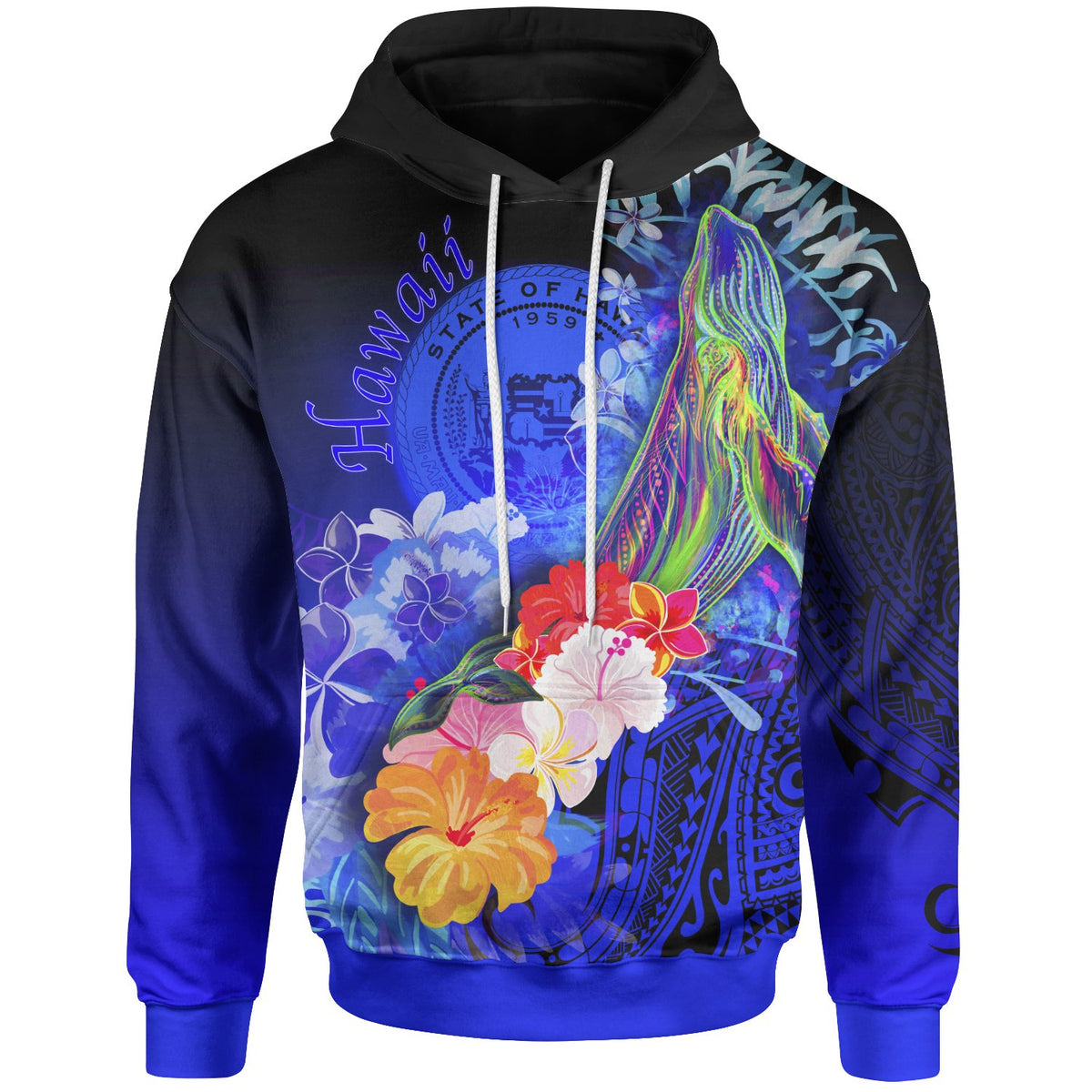 Polynesian Hawaii Hoodie Humpback Whale with Tropical Flowers (Blue) Unisex Blue - Polynesian Pride