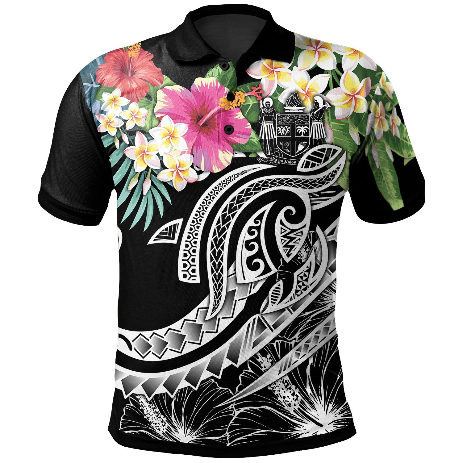 Fiji Polynesian Polo Summer Plumeria (Black) Unisex Black - Polynesian Pride