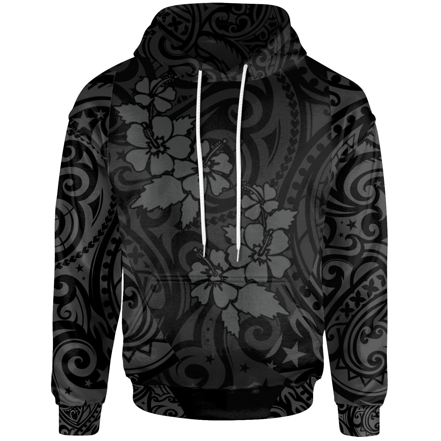 Hawaii Hoodie Hibiscus Polynesian Tattoo Gray Unisex Black - Polynesian Pride