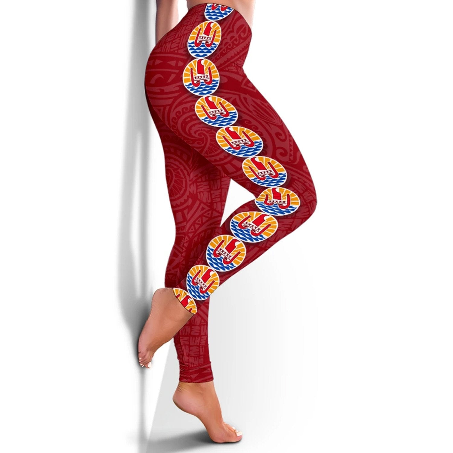 French Polynesia Legging - Coat Of Arm Linked Style Red - Polynesian Pride