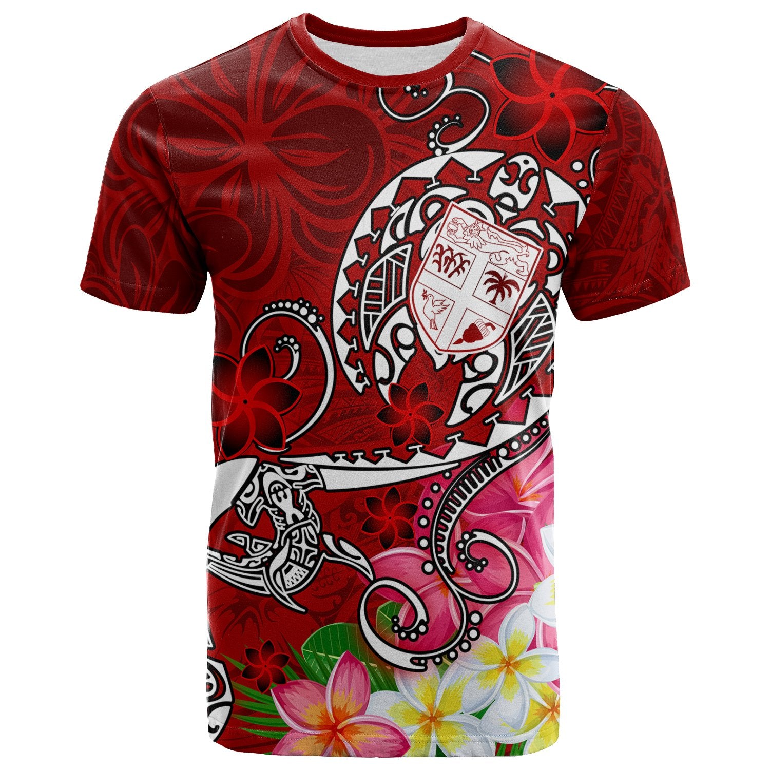 Fiji T Shirt Turtle Plumeria (Red) Unisex Red - Polynesian Pride