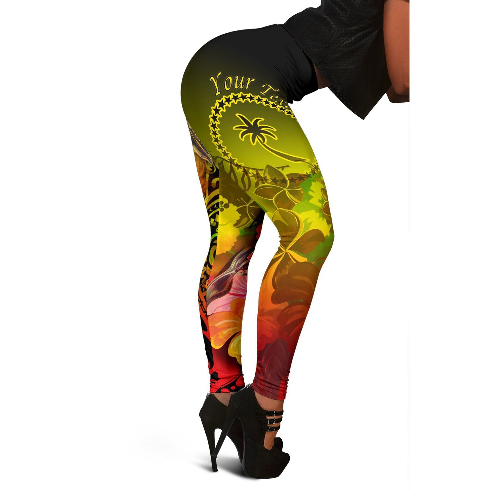 Custom Personalised Chuuk Women's Leggings - Humpback Whale with Tropical Flowers (Yellow) Yellow - Polynesian Pride