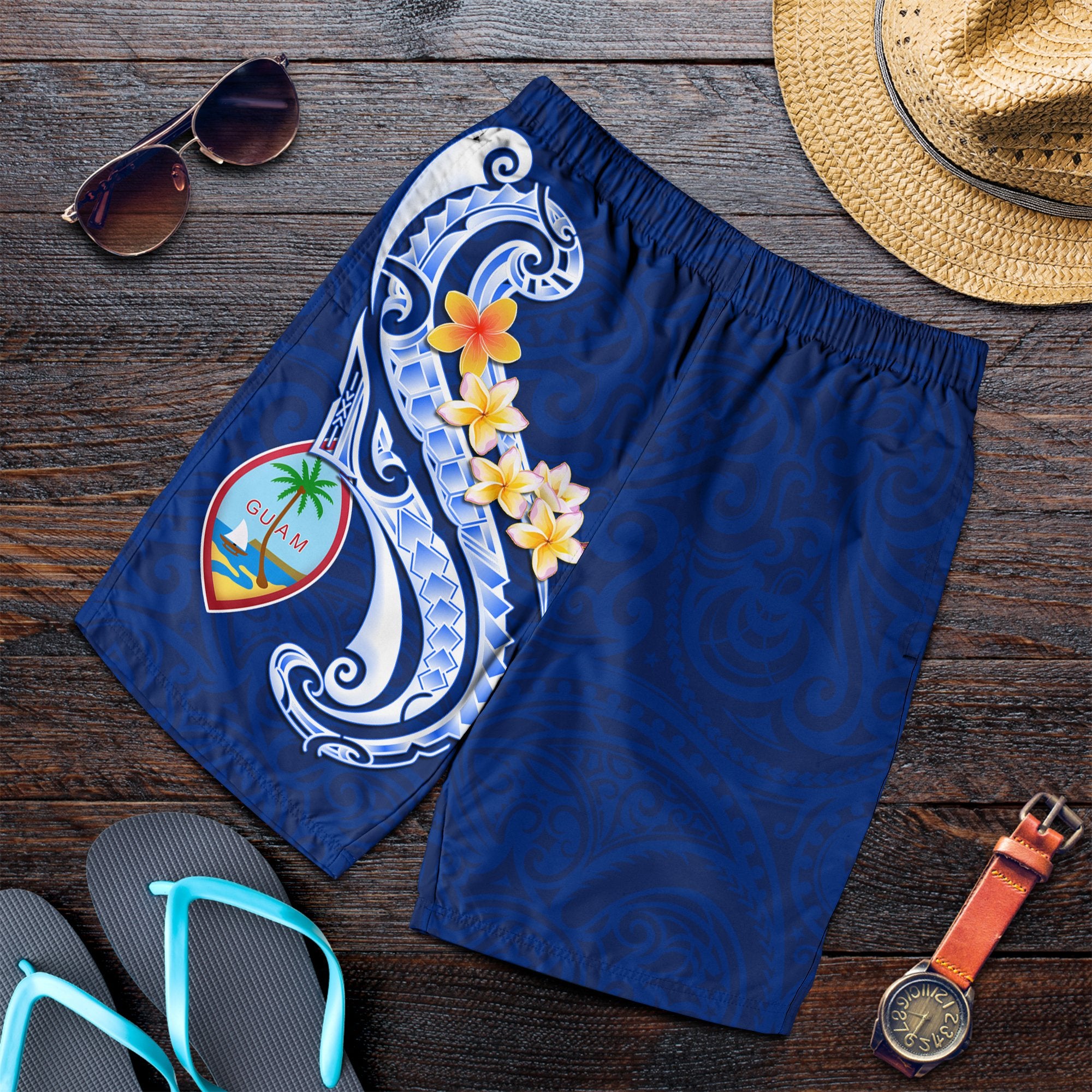 Guam Personalised Men's Shorts - Guam Seal Polynesian Patterns Plumeria (Blue) Blue - Polynesian Pride