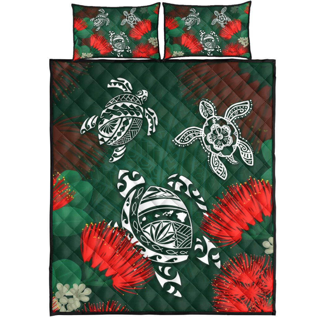 Hawaii Lehua Flowers Turtle Poly Quilt Bed Set - Ser Style - AH Green - Polynesian Pride