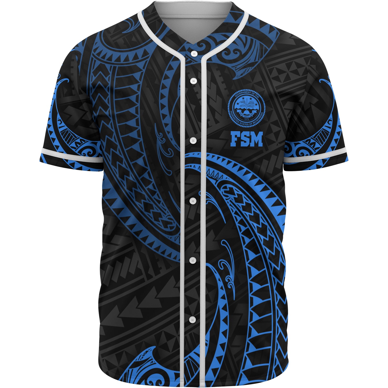 Federated States Of Micronesia Polynesian Baseball Shirt - Blue Tribal Wave Unisex Blue - Polynesian Pride