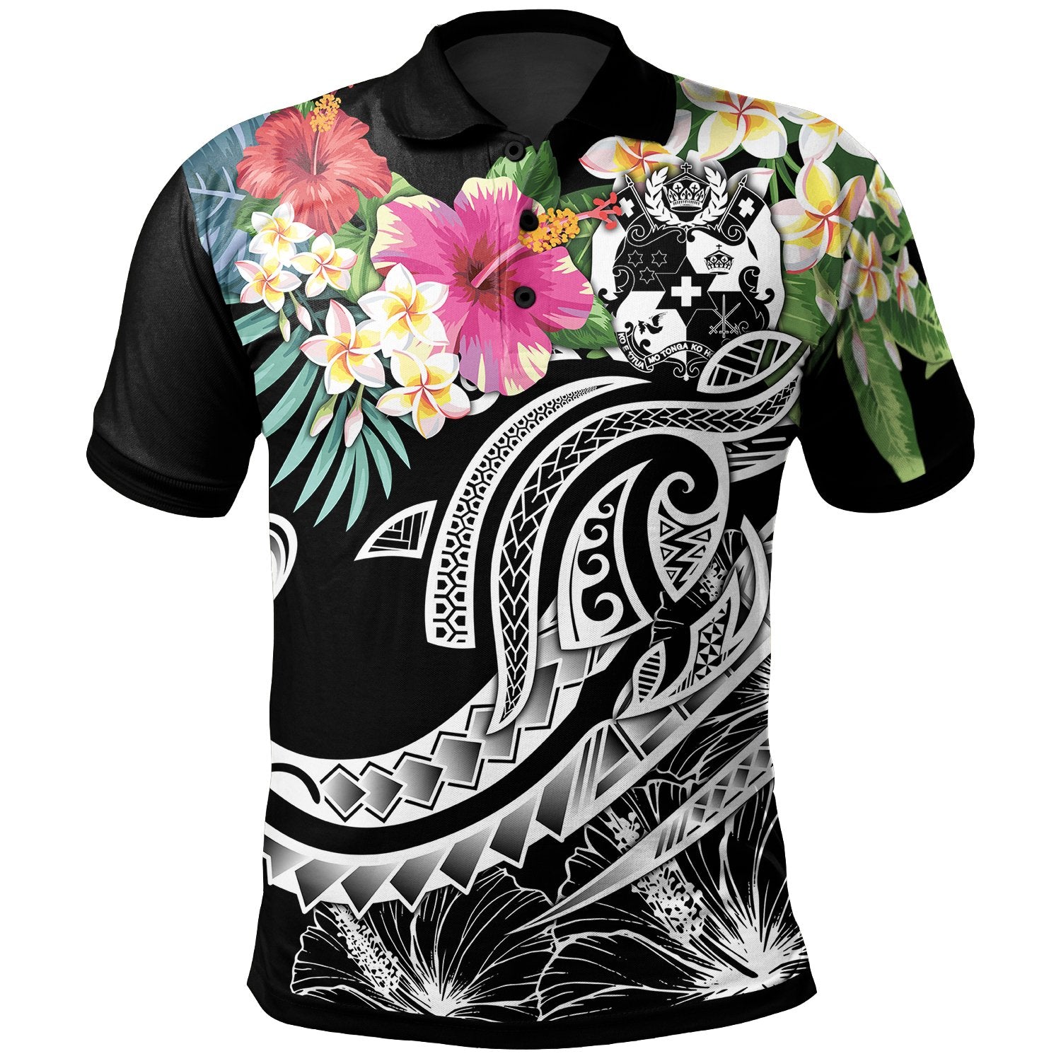 Tonga Polynesian Polo Summer Plumeria (Black) Unisex Black - Polynesian Pride