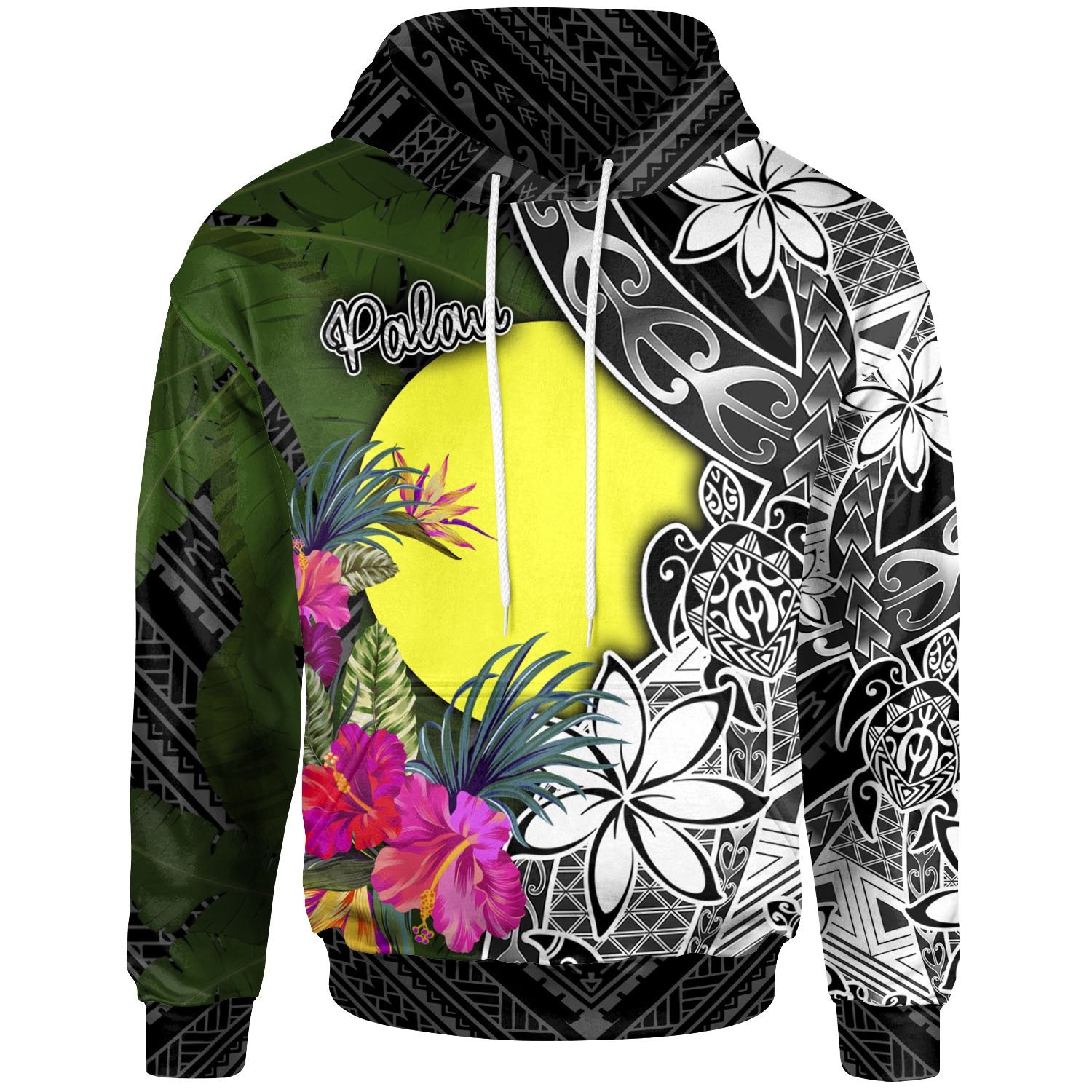 Palau Hoodie Turtle Plumeria Banana Leaf Unisex Black - Polynesian Pride