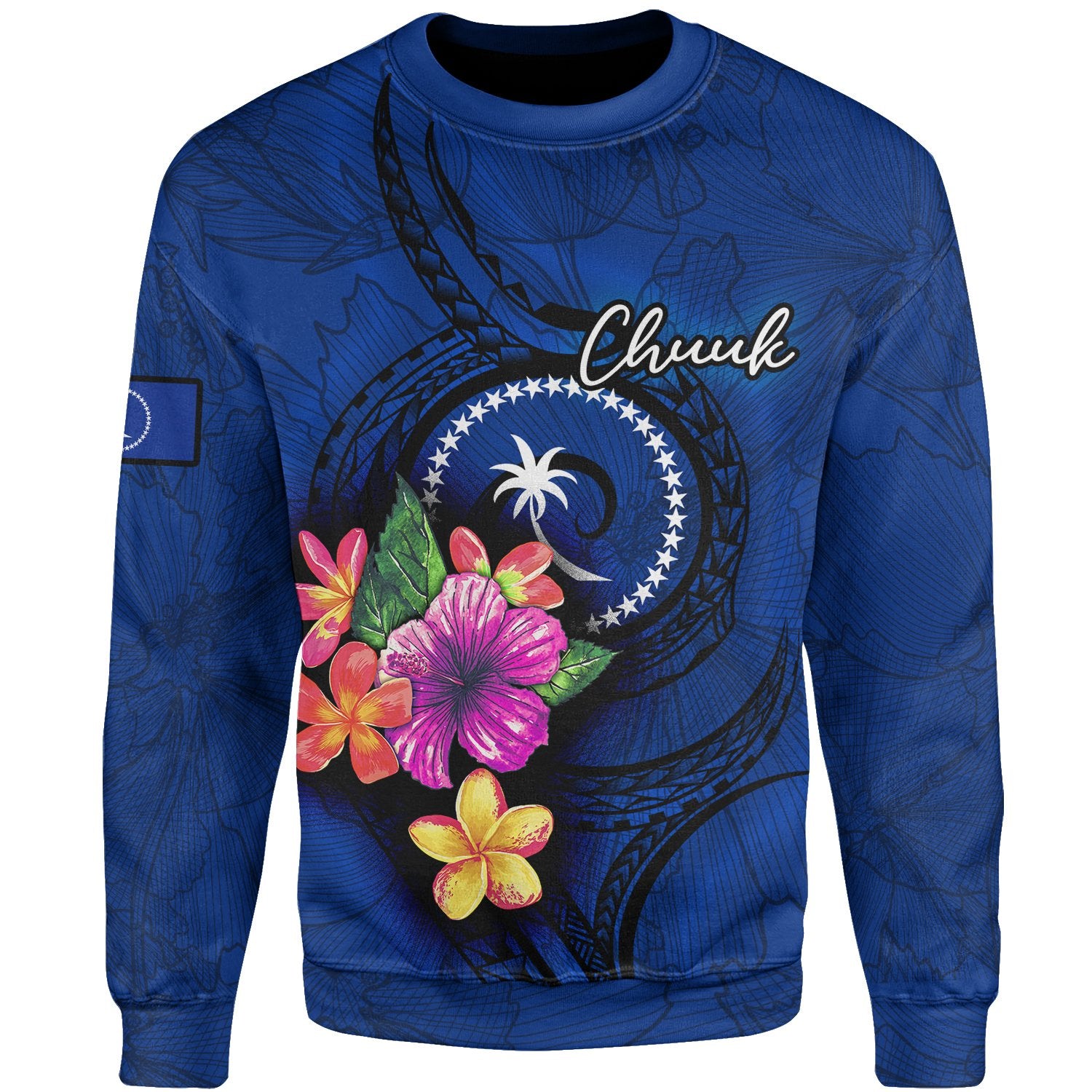 Chuuk Polynesian Sweater - Floral With Seal Blue Unisex Blue - Polynesian Pride