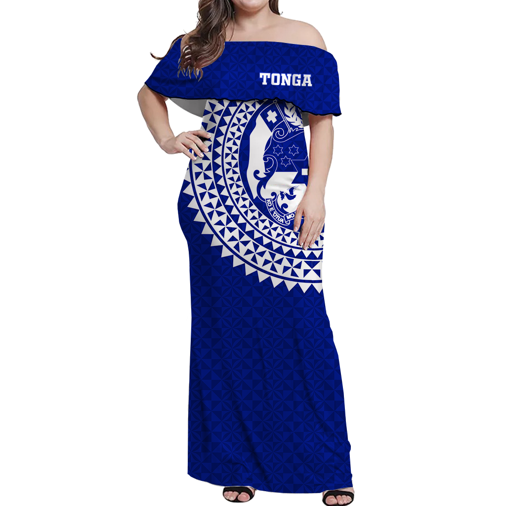 Tonga Women Off Shoulder Long Dress Tongan Blue Turtle - LT12 Long Dress Blue - Polynesian Pride