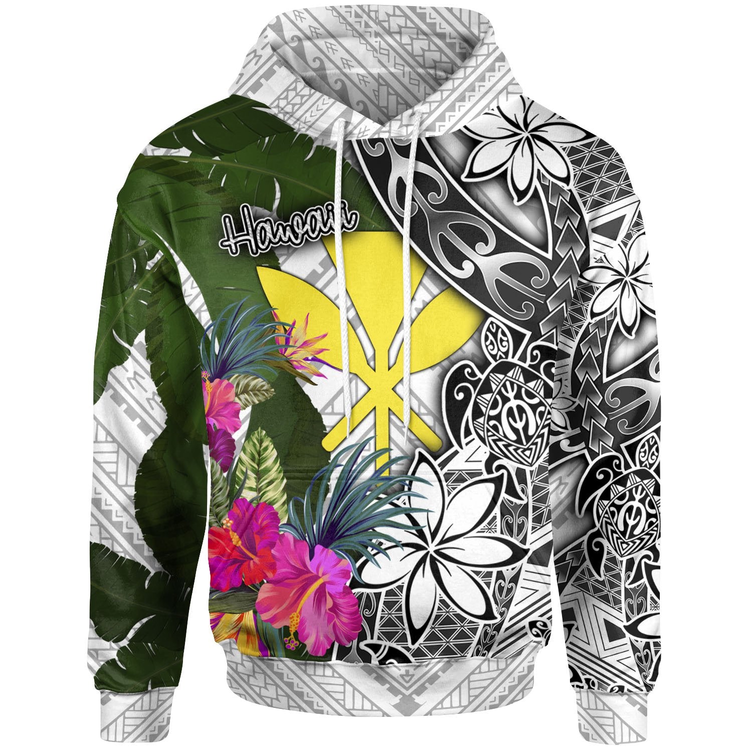 Hawaii Hoodie White Turtle Plumeria Banana Leaf Unisex White - Polynesian Pride