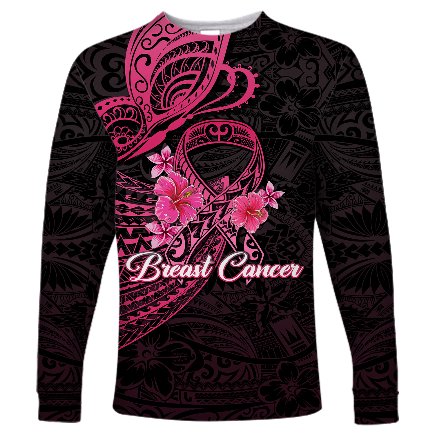 (Custom Personalised) Breast Cancer Pink Ribbon Butterfly Polynesian Black Version Long Sleeve Shirt - LT12 Unisex Black - Polynesian Pride