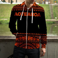 New Zealand Maori Zip up Hoodie, Aotearoa Silver Fern Zipper Hoodie Orange Red - Polynesian Pride