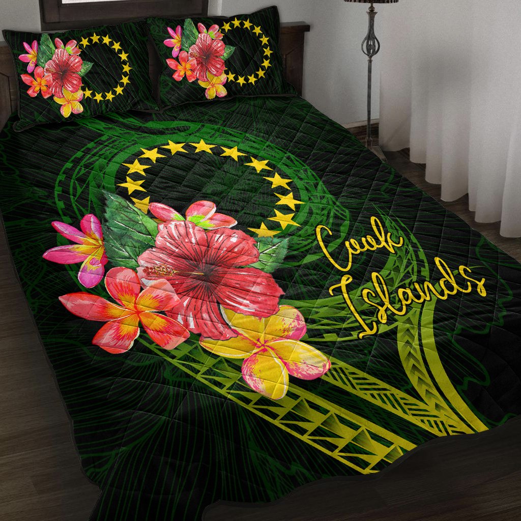 Cook Islands Polynesian Quilt Bed Set - Floral With Seal Flag Color Green - Polynesian Pride