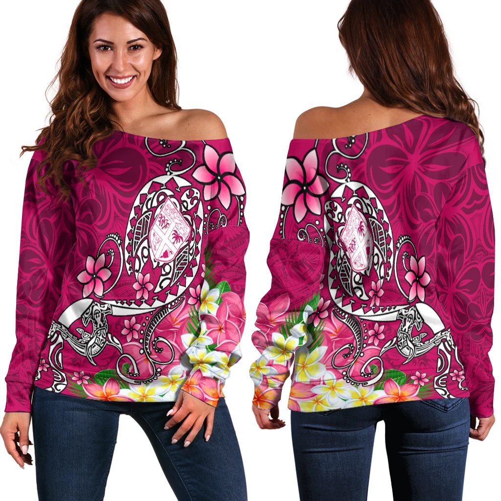 Fiji Women's Off Shoulder Sweater - Turtle Plumeria (Pink) Pink - Polynesian Pride