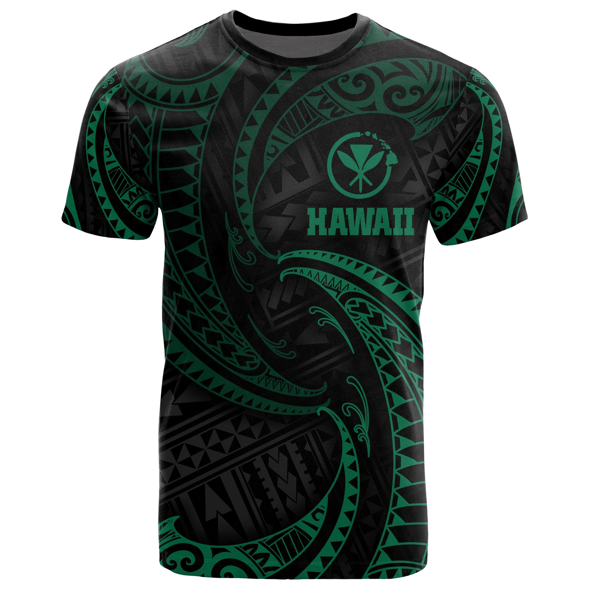 Hawaii Polynesian All Over T Shirt Green Tribal Wave Unisex Green - Polynesian Pride