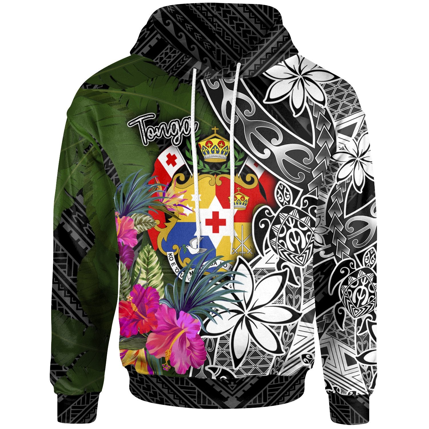 Tonga Hoodie Turtle Plumeria Banana Leaf Unisex Black - Polynesian Pride