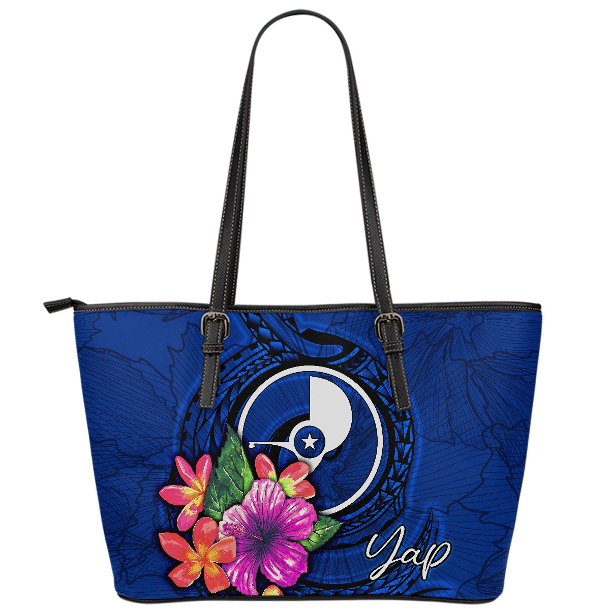 Yap Micronesia Leather Tote Bag - Floral With Seal Blue Blue - Polynesian Pride