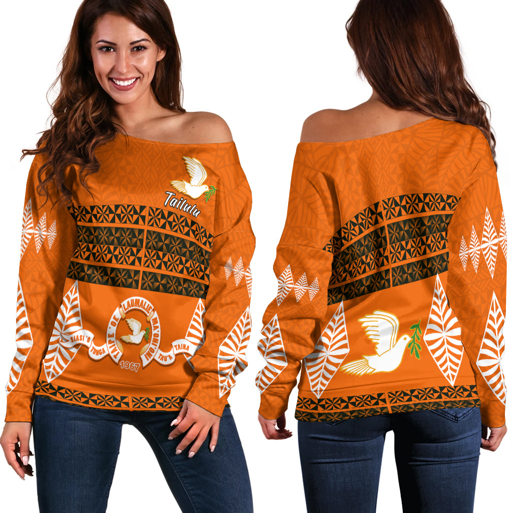 Tailulu College Off Shoulder Sweater Tonga Pattern LT13 Orange - Polynesian Pride